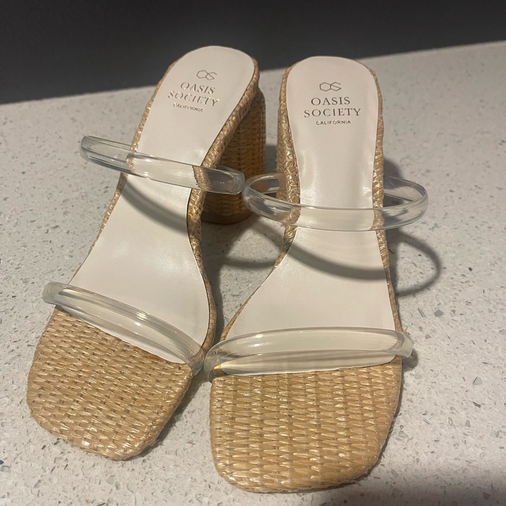 Tan Heels with Clear Straps and Textured Cylindrical Heel